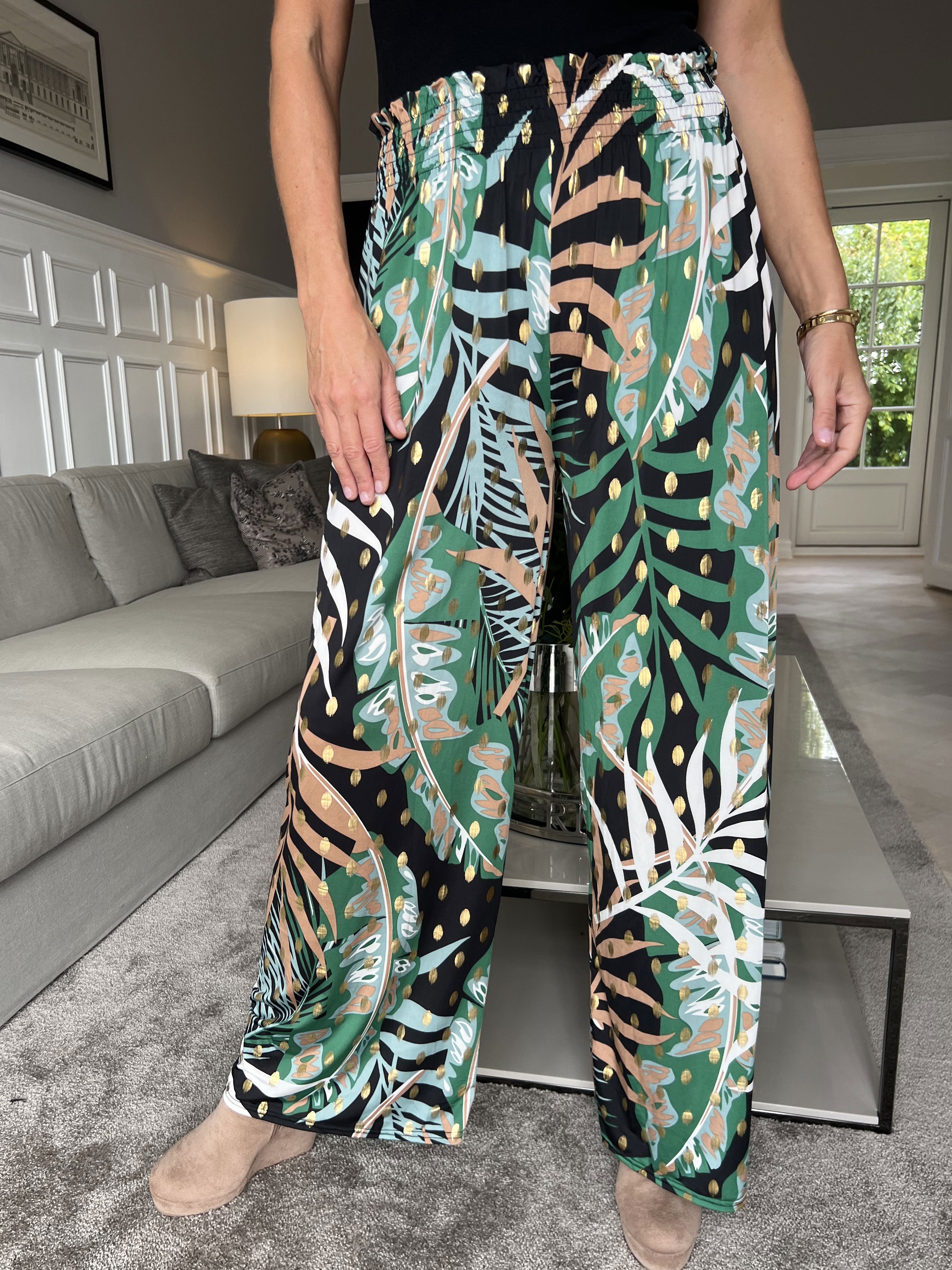 Pams Pants Forest - Lösa mönstrade byxor i elastiskt tyg